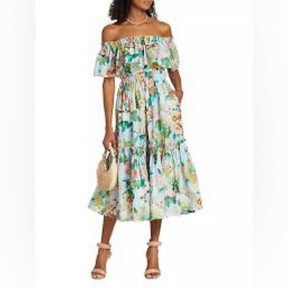 Cara Cara Marta Off-Shoulder Tiered Floral Poplin Midi Dress Size 6 - Picture 2 of 5